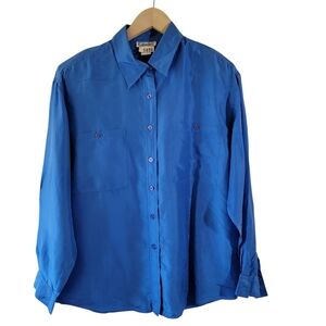 VTG Gallagher Royal Blue 100% Silk Button-Up Shirt Sz S Office Siren Old Money